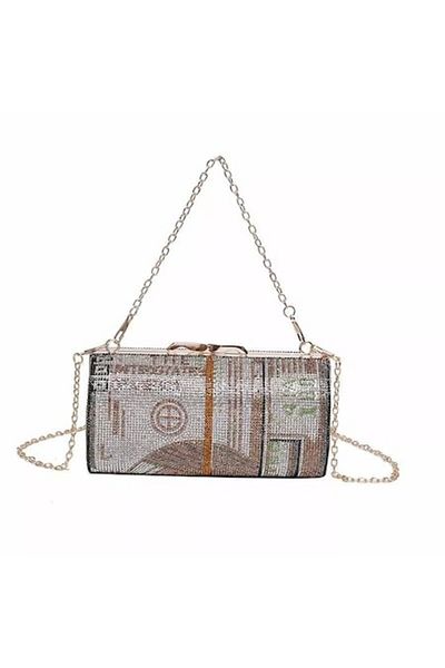 Tessero - Women's Shoulder Bag Clutch, Cylinder-shaped with Rhinestones, Dollar Pattern, Golden