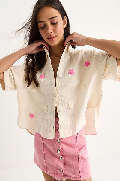 Bianco Lucci Women's Süzene Star Embroidered Muslin Shirt 60283426