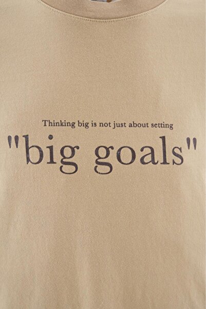 Machinist Big Goals Slogan Printed Washing Tee Dark Beige