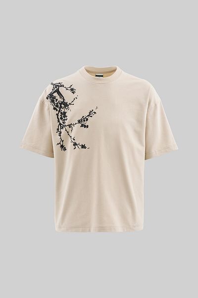 Machinist Men's Floral 3D Printed Oversize Soft Beige T-Shirt