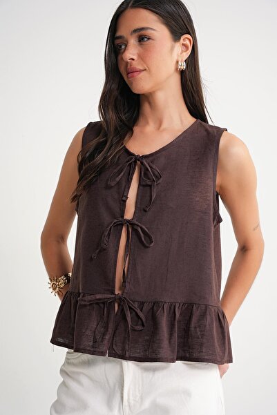 Mixray 4717 Γυναικεία μπλούζα με βολάν με κορδόνια μπροστά, αμάνικη λινό μπλούζα καφέ