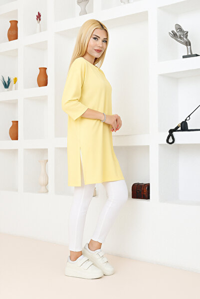 nacar çarşı Kadın Limon Sarısı Oversize Tunik Tişört – Yarım Kollu, Yuvarlak Yaka, Rahat Kesim