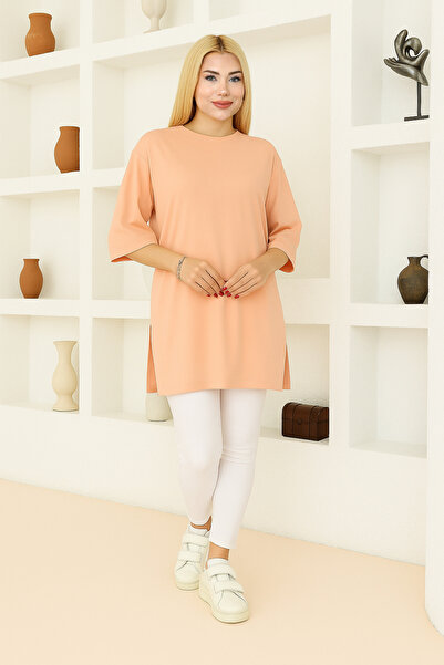 nacar çarşı Kadın Şeftali Rengi Oversize Tunik Tişört – Yarım Kollu, Yuvarlak...