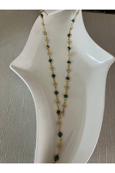 Çelik Y Kolye Papatya ve Nazar Boncuğu Detaylı Ayarlanabilir – Gold Renk – Kadın Takı