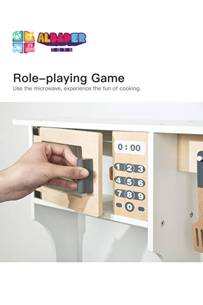 ALBADER مطبخ لعب، مجموعة مطبخ خشبية حقيقية للأطفال مع ميكروويف، مطابخ لعب خشبية