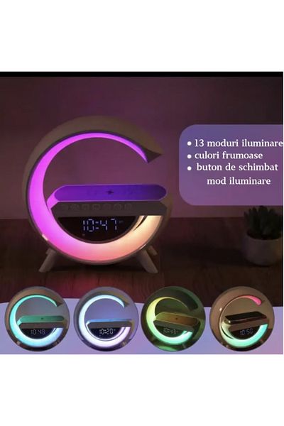 Generic Incarcator Rapid Wireless 15W 4 in 1 cu Ceas, Speaker, Lampa Smart LED RGB cu 7 culori, Radio