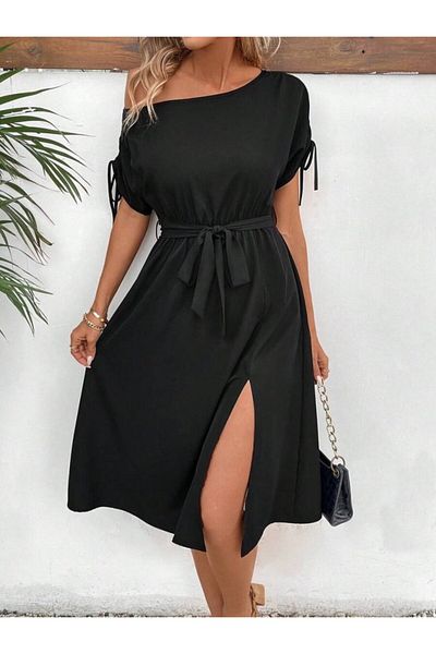 İpeksi Silky Women's One Shoulder Open Sleeve Bow Waist Belted Slit Detailed Viscose Dress