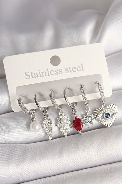 Clariss Brass Silver Color Zircon Stone Fatma Mother Hand Figure Women's Earring Set