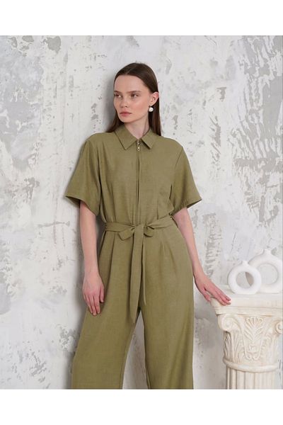 PETITE Belted Shirt Collar Loose Overalls Khaki S255822