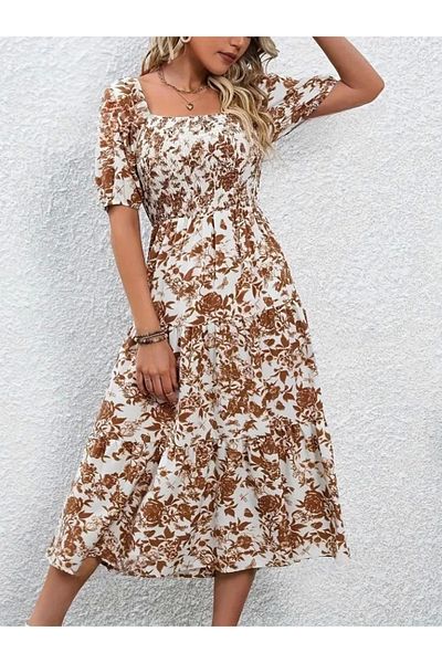 isez Women's Short Sleeve Square Collar Elastic Patterned Single Jersey Dress