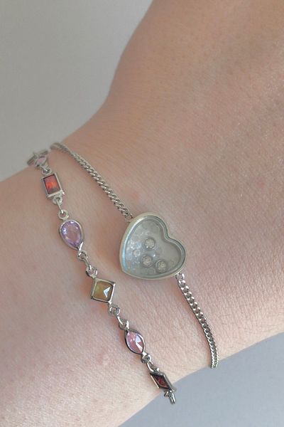 AurorAccessory Steel Silver Color Laser Heart Cut Inside Moving Stone Bracelet 17+4 cm