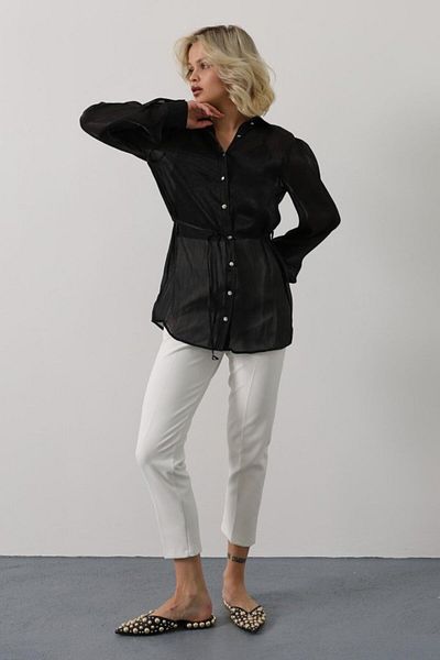 İpeksi Silky Waist Tie Long Sleeve Shirt - Black