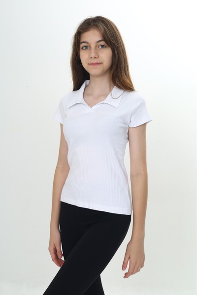 Toontoy Girls' School Polo Neck Ribbed T-Shirt