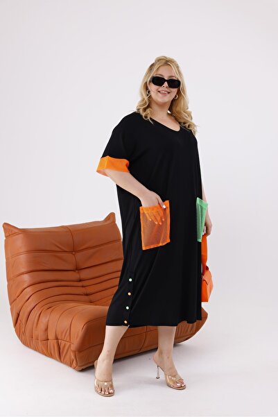 Siyezen Plus Size Oversized Dress with Pocket Mesh Detail