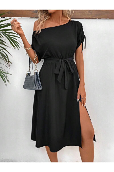 buğrahayalin Women's One Shoulder Open Sleeve Bow Belted Waist Slit Detailed Viscose Dress