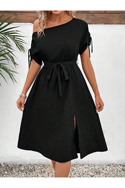 buğrahayalin Women's One Shoulder Open Sleeve Bow Belted Waist Slit Detailed Viscose Dress