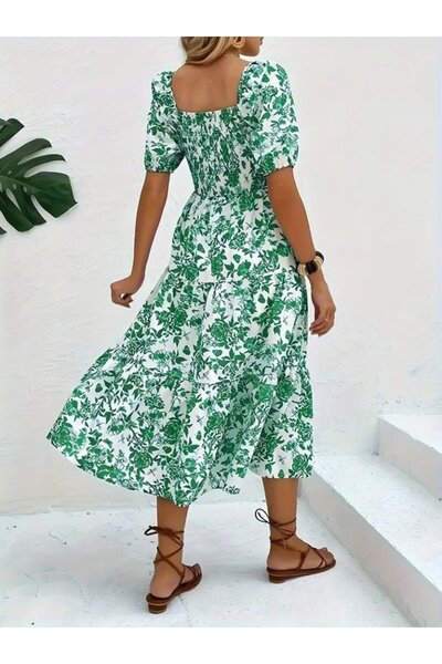 KentselBazaar Dua Giyim Γυναικείο κοντομάνικο φόρεμα με τετράγωνο γιακά και ε...