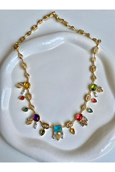 Aysire Takı Aksesuar Renkli taşlı marka model tasarım çelik kolye