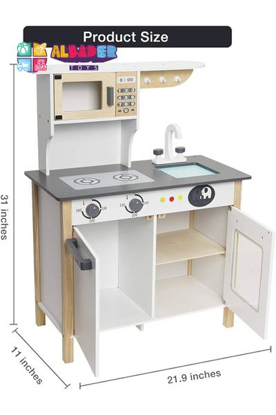 ALBADER مطبخ لعب، مجموعة مطبخ خشبية حقيقية للأطفال مع ميكروويف، مطابخ لعب خشبية