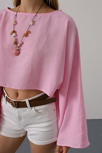 karpuzbutiks Eyesof Bat Sleeved Crop Bluz - Pink
