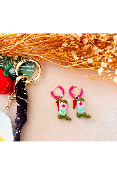 Markiz Takı Murano Glass Green Boots Red Pepper Detail Earrings