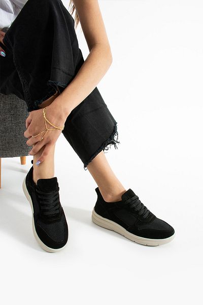 Getcho Thaes Women's Genuine Suede Leather Black Sports Shoes