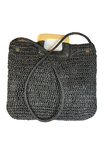 DACSHOP Geanta casual de vara, din impletitura de paie tip ratan, negru stins