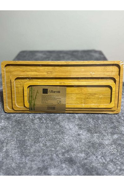 Hanedanev 3-Piece Cornered Long Wooden Bamboo Look Presentation Tray 3 Sizes Wooden Presentation Holder 8494
