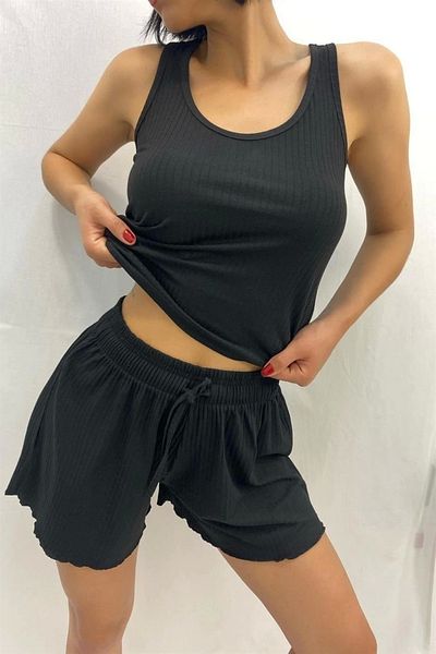 DEFNADA Set pantaloni scurți negri din viscoză foarte confortabil 7513