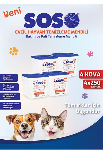 SOSOmarket 4Pcs X 250 Sheets - Soso Bucket Pet Cat Dog Paw and Body Cleaning Wipes Glstd