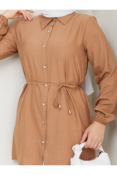 Gc.Butiq Women's Sleeve Mouth Elastic - Waist Tie Long Shirt-Tunic