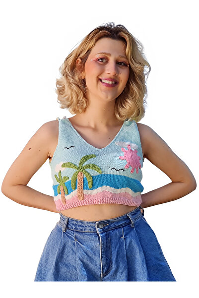 Zone Design Store Hand Knitted Summer Crop Blouse | Palm & Sun Motif Hanging Design