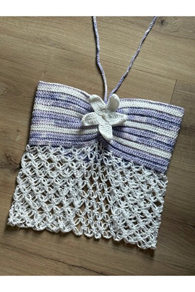 scyllastore Crop realizat manual cu gât și tricotat cu flori – Top croșetat m...