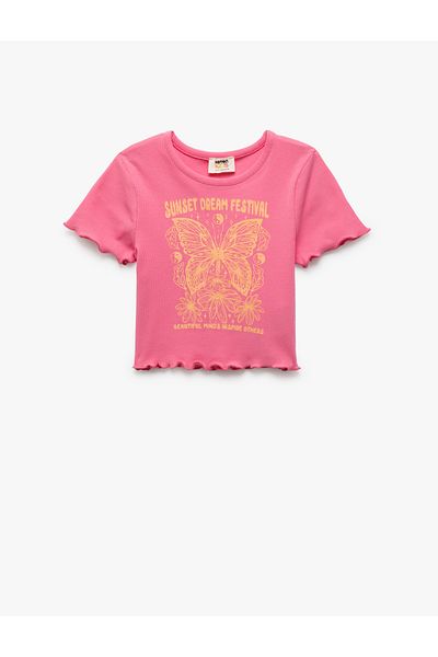 Koton New Season Cotton Short Sleeve Crew Neck Butterfly Printed Crop T-Shirt