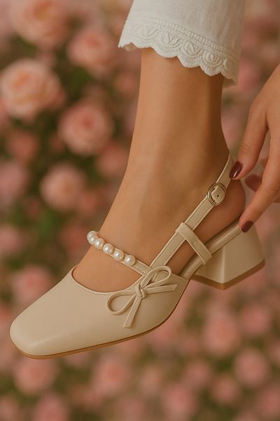 DİVOLYA Melody Beige Bow Pearl Detailed (4 cm Heels) Round Toe Daily Use Shoes