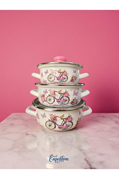 Emparlahome Enamel 3-Piece Cooking and Storage Pot Set (12Cm-14Cm-16Cm) Pink Patterned