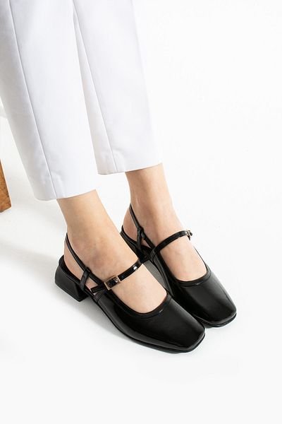 Papuckurdu Black Patent Leather Short Block Heeled Ballerina Shoes