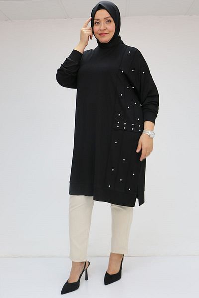 Eslina 58048 Large Size Self Ribbed Combed Cotton Tunic - Black
