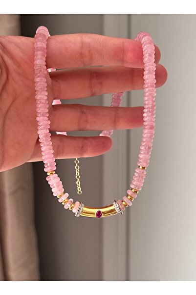 emy by emel luxury silver jewelry Altın Kaplama Pembe Kuvars Taşlı Özel Tasarım Kolye 925 Ayar Gümüş