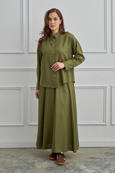 QANU بدلة تنورة من الكتان من أزور باللون الأخضر