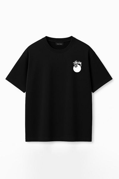 THE RULE Unisex Stüssy Billiard Ball Printed Oversize 100% Cotton Wide Cut Crew Neck Black T-Shirt Rf0525