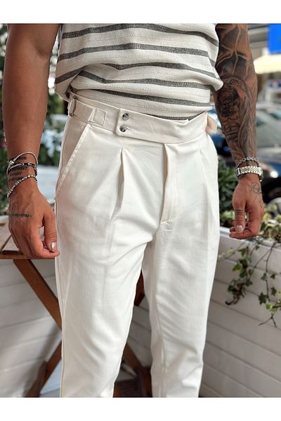 manch collection High Waist Double Button Italian Cut Pants Cream