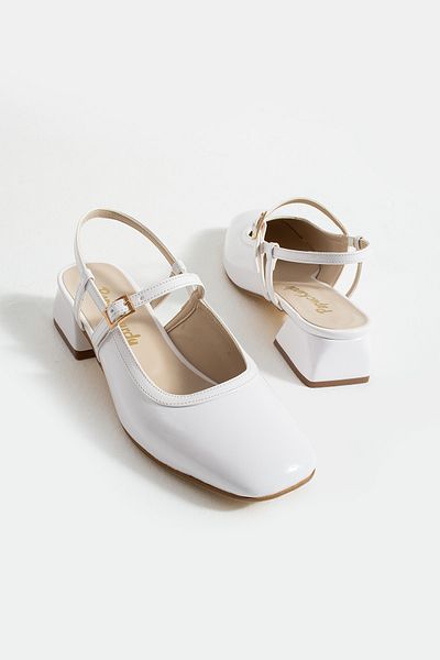 Papuckurdu White Patent Leather Short Block Heeled Ballerina Shoes