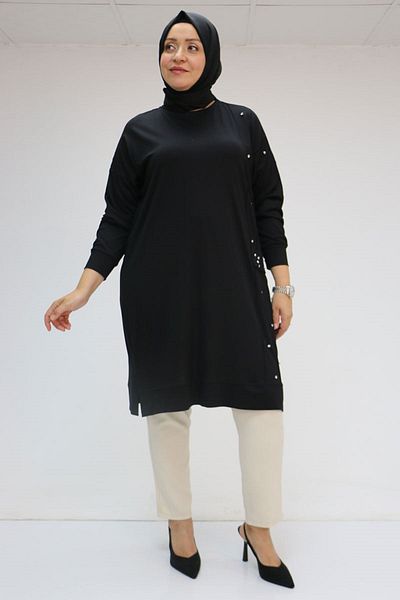 Eslina 58048 Large Size Self Ribbed Combed Cotton Tunic - Black