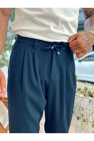 manch collection Pantaloni din țesătură cu șnur în talie italiană bleumarin