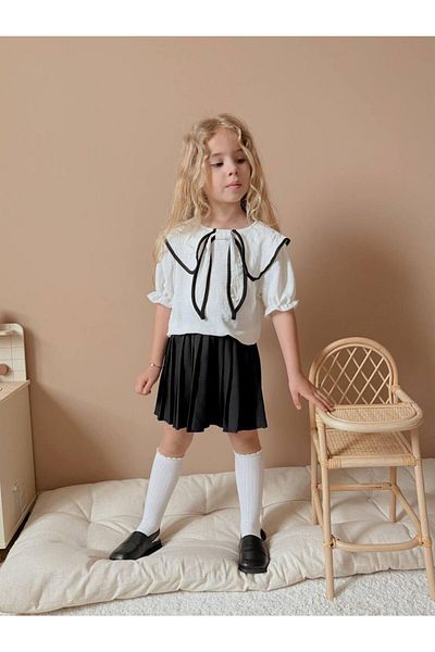 Yalçınoğlu Kids Girls' Pleated Skirt Suit I Ruffled Collar Vintage Style I Girls' Bow Collar Detail