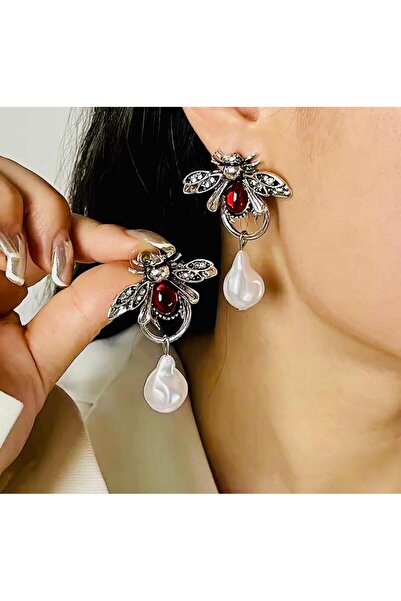 Rachel Silver İnci Taşlı Gümüş Renk Kırmızı Renk Doğaltaşlı Çivi Kilitli Sallantılı Tasarım Arı Küpe