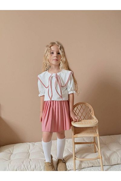 Yalçınoğlu Kids Girls' Pleated Skirt Suit I Ruffled Collar Vintage Style I Girls' Bow Collar Detail