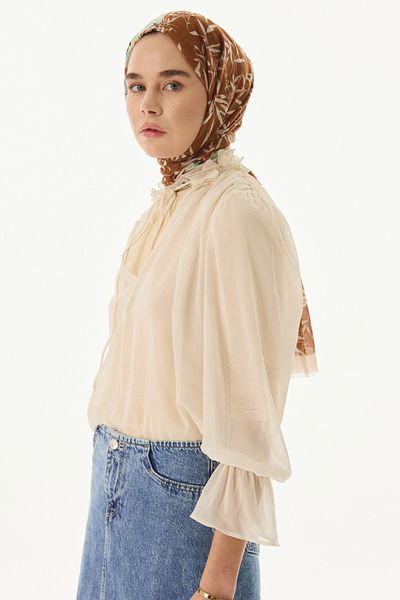 FENZA SCARF Olive Leaf Patterned Cotton Shawl - Cinnamon-Mint