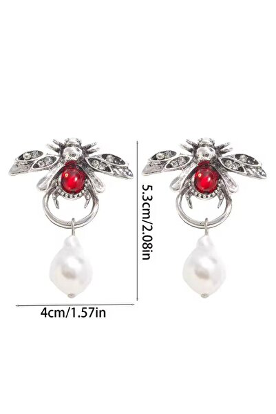 Rachel Silver İnci Taşlı Gümüş Renk Kırmızı Renk Doğaltaşlı Çivi Kilitli Sallantılı Tasarım Arı Küpe